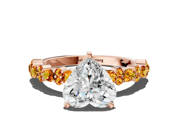 Heart Cut Diamond Side Stone Solitaire Ring with Round Citrine and Four-Prong Setting Rose gold