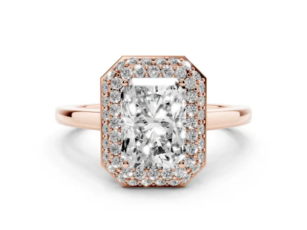Radiant Cut Halo Diamond Engagement Ring with Solitaire Band and Four-Prong Setting Rose gold