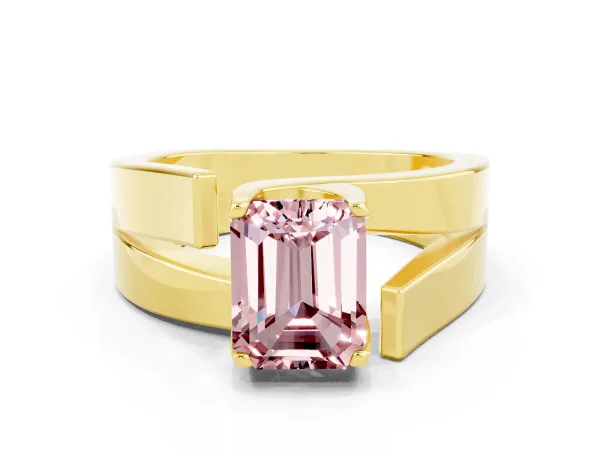 Modern Tension Set Emerald Cut Morganite Solitaire Wide Band Ring Yellow gold