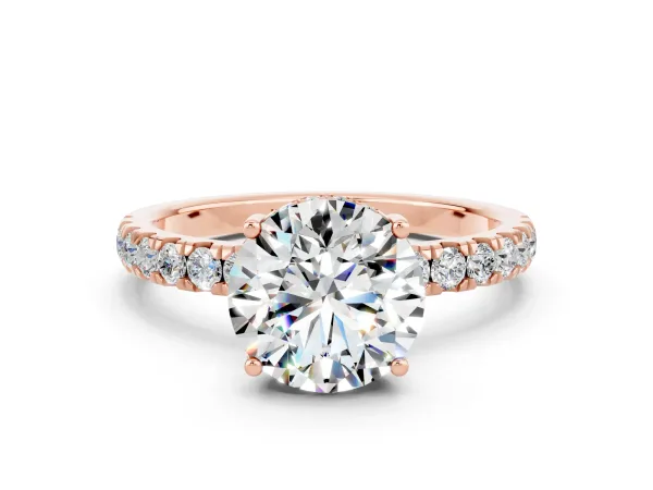 Round Cut Moissanite Pave Band Solitaire Ring with Round and Prong Setting Rose gold