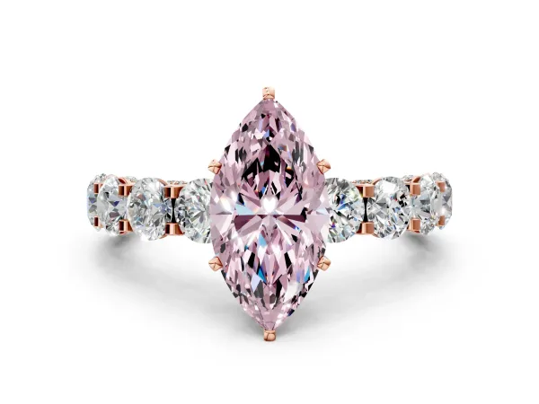 Fancy Pink Marquise Cut Diamond Side Stone Engagement Ring with Four-Prong Setting Rose gold