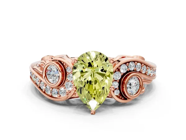 Fancy Yellow Pear Cut Diamond Solitaire Ring with Milgrain Pavé Band and Four-Prong Setting Rose gold