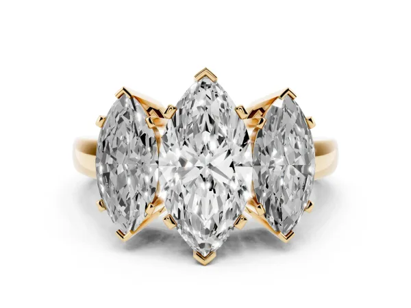 Three-Stone Marquise Cut Cut Diamond Ring with Channel Set Band and Four-Prong Setting Yellow gold