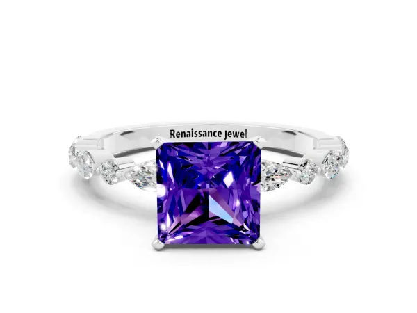 Princess Cut Tanzanite Ring with Marquise and Round Side Stones and Four-Prong Setting White gold