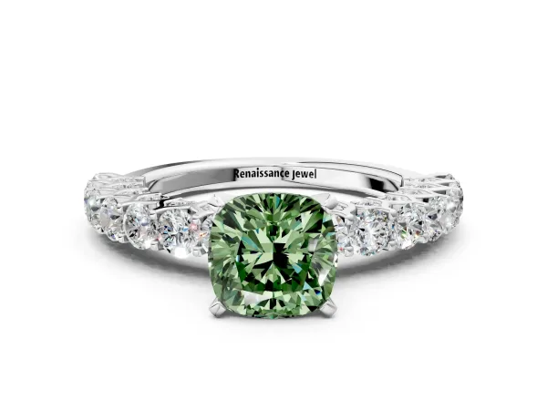 Fancy Green Cushion Cut Diamond Solitaire Ring with Shared Prong Pavé Band and Four-Prong Setting White gold