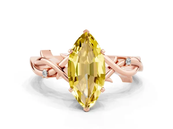 Marquise Cut Yellow Sapphire Solitaire Ring with Milgrain Pavé Band and Four-Prong Setting Rose gold