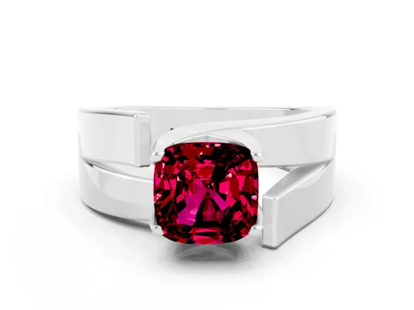 Modern Tension Set Cushion Cut Garnet Solitaire Wide Band Ring Platinum