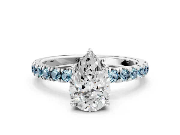 Pear Cut Diamond Pave Band Solitaire Ring with Round Aquamarine and Prong Setting White gold