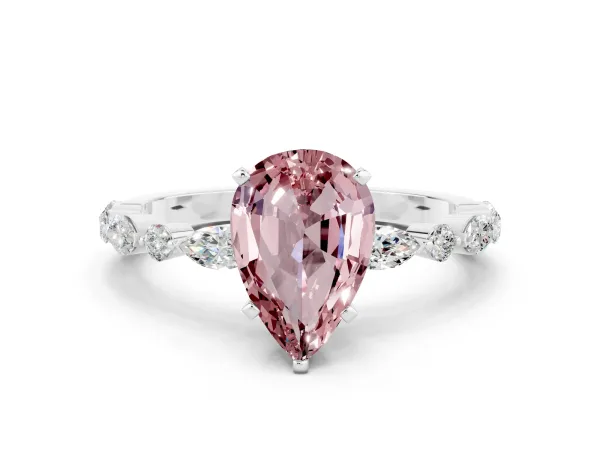 Pear Cut Morganite Ring with Marquise and Round Side Stones and Four-Prong Setting White gold