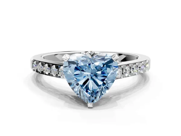 Fancy Blue Heart Cut Diamond Solitaire Ring with Crossover Gallery and Round Pavé Band Silver