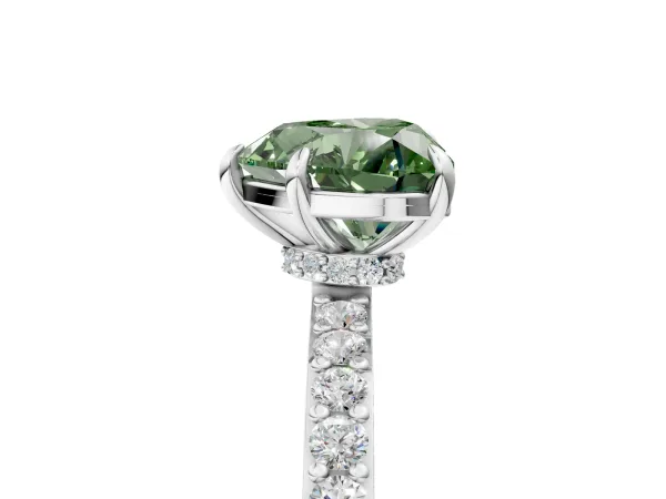 Fancy Green Heart Cut Diamond Solitaire Engagement Ring with Pavé Band and Four-Prong Setting Platinum