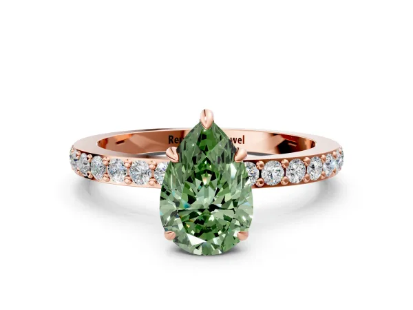 Fancy Green Pear Cut Diamond Solitaire Engagement Ring with Pavé Band and Four-Prong Setting Rose gold