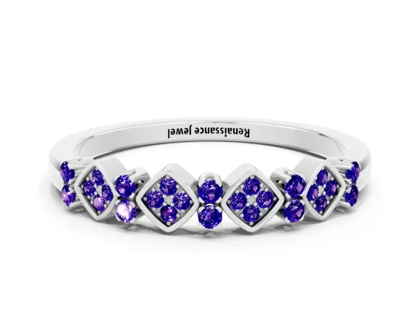 Pavé Cushion Tanzanite Cluster Eternity Band with Prong Setting Platinum