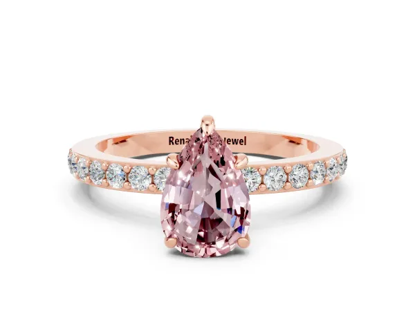 Pear Cut Morganite Solitaire Engagement Ring with Pavé Band and Four-Prong Setting Rose gold