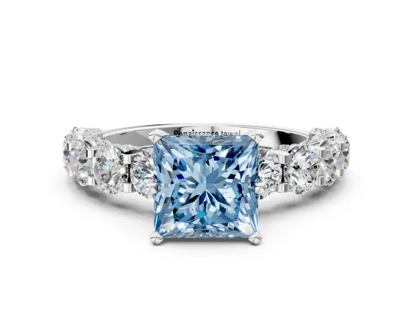 Fancy Blue Princess Cut Diamond Side Stone Engagement Ring with Four-Prong Setting White gold