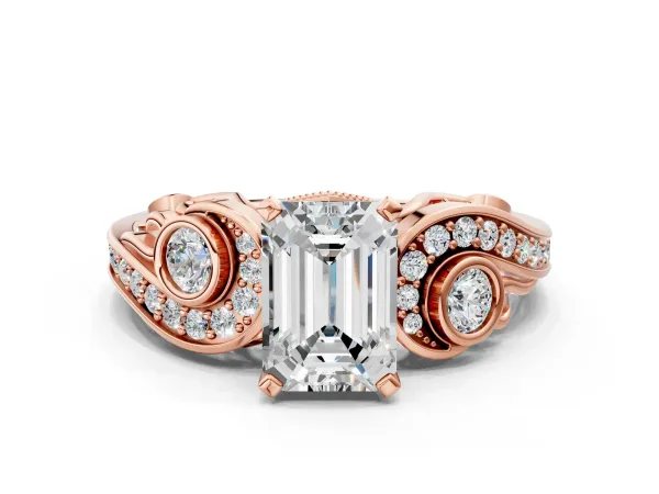 Emerald Cut Diamond Solitaire Ring with Milgrain Pavé Band and Four-Prong Setting Rose gold