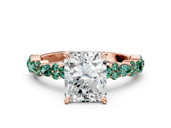 Radiant Cut Diamond Side Stone Solitaire Ring with Round Green Sapphire and Four-Prong Setting Rose gold