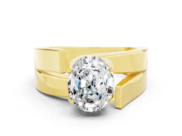 Modern Tension Set Oval Cut Moissanite Solitaire Wide Band Ring Yellow gold