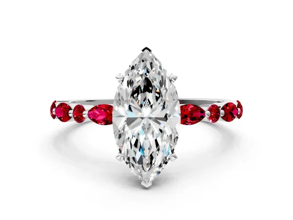 Marquise Cut Diamond Ring with Marquise and Round Ruby Side Stones and Four-Prong Setting White gold