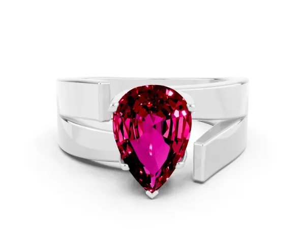 Modern Tension Set Pear Cut Garnet Solitaire Wide Band Ring Platinum