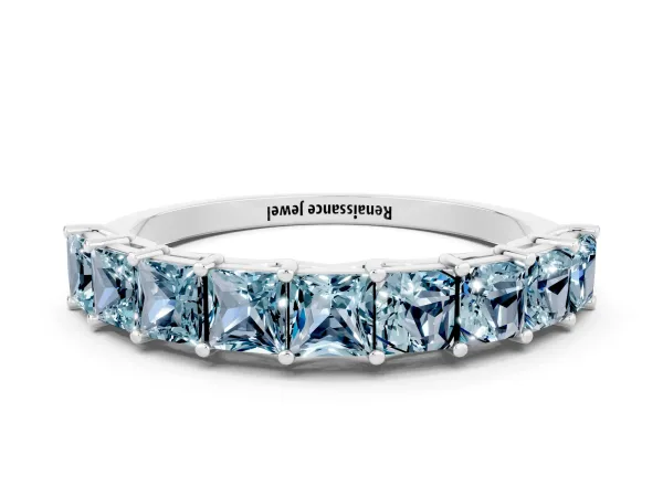 Princess Cut Aquamarine Channel-Set Eternity Band with Prong Setting Platinum