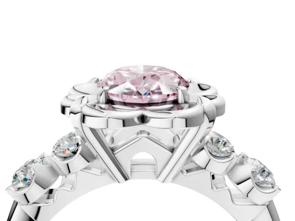 Fancy Pink Oval Cut Cut Diamond Floral Halo Engagement Ring with Shared Prong Setting Silver