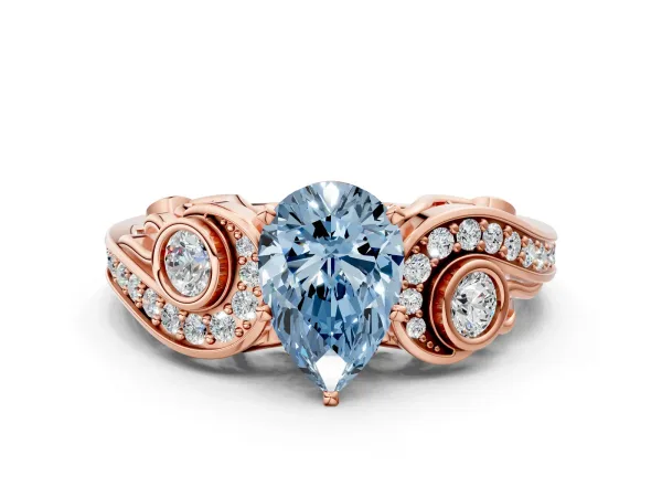 Fancy Blue Pear Cut Diamond Solitaire Ring with Milgrain Pavé Band and Four-Prong Setting Rose gold