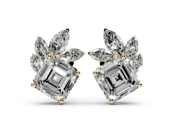 Asscher and Marquise Diamond Cluster Stud Earrings Yellow gold