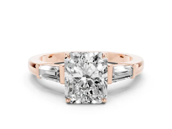 Radiant Cut Diamond Three-Stone Ring with Tapered Baguette Side Stones and Prong Setting Rose gold