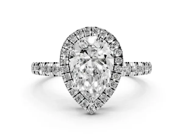 Pear Cut Diamond Halo Ring with Pavé Band and Four-Prong Setting Platinum