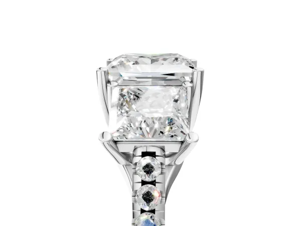 Three-Stone Princess Cut Diamond Ring with Round Moissanite Pavé Band and Prong Setting Platinum