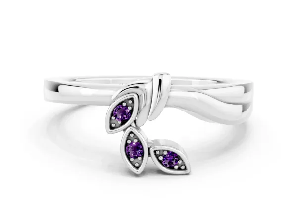 Three-Stone Round Amethyst Leaf Bypass Ring with Bezel Setting Platinum