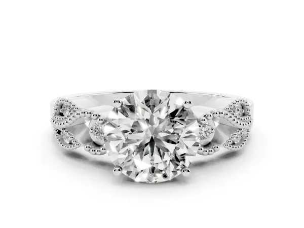 Round Cut Solitaire Milgrain Leaf Band with Prong Setting White gold