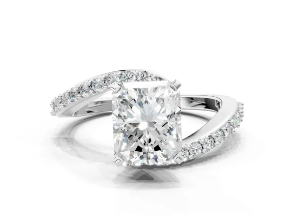 Radiant Cut Solitaire Twist Band with Pave Set Diamonds and Four-Prong Setting Platinum