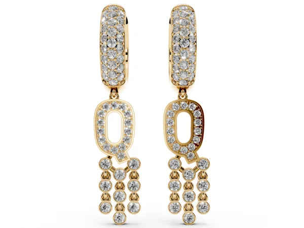 Round Diamond Initial Q Huggie Hoop Earrings Yellow gold