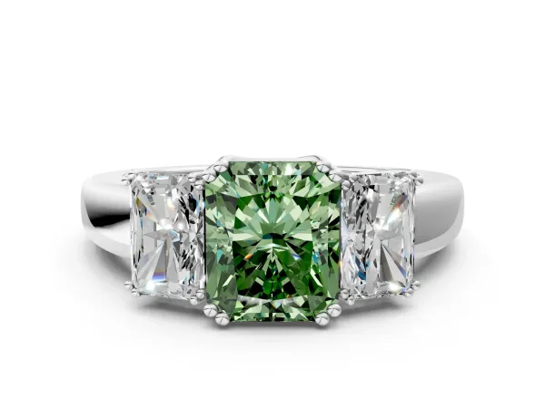 Fancy Green Three-Stone Radiant Cut Cut Diamond Ring with Channel Set Band and Four-Prong Setting Platinum