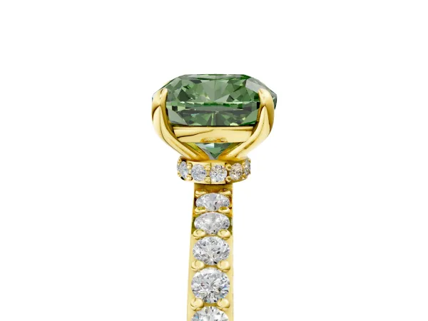 Fancy Green Cushion Cut Diamond Solitaire Engagement Ring with Pavé Band and Four-Prong Setting Yellow gold