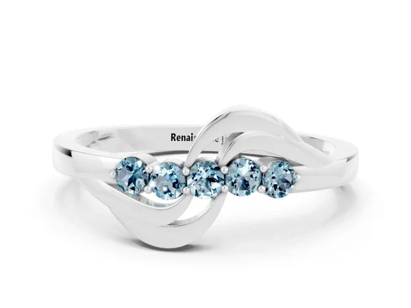 Five-Stone Round Aquamarine Crossover Band with Prong Setting Platinum