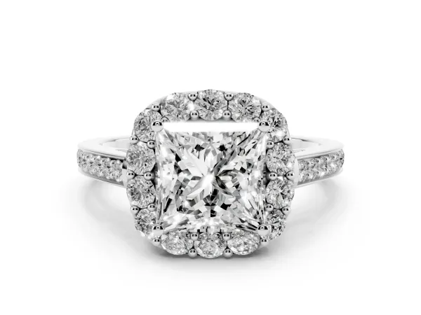 Princess Cut Diamond Floral Halo Ring with Pavé Band and Prong Setting Platinum