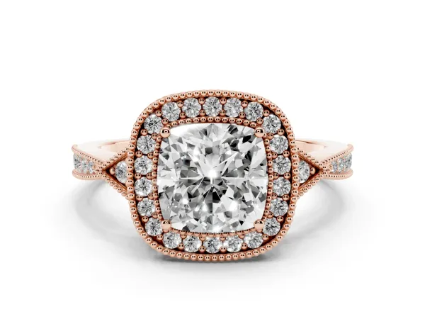 Cushion Cut Halo Round Diamond Milgrain Pave Engagement Ring Rose gold