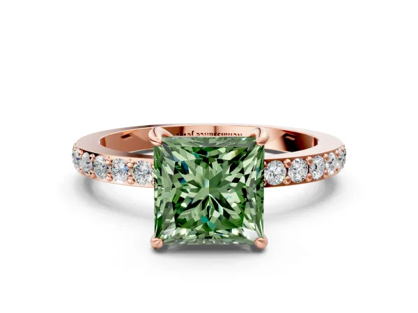 Fancy Green Princess Cut Diamond Solitaire Engagement Ring with Pavé Band and Four-Prong Setting Rose gold