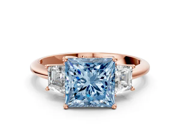 Fancy Blue Princess Cut Diamond Three-Stone Ring with Trapezoid Side Stones and Prong Setting Rose gold