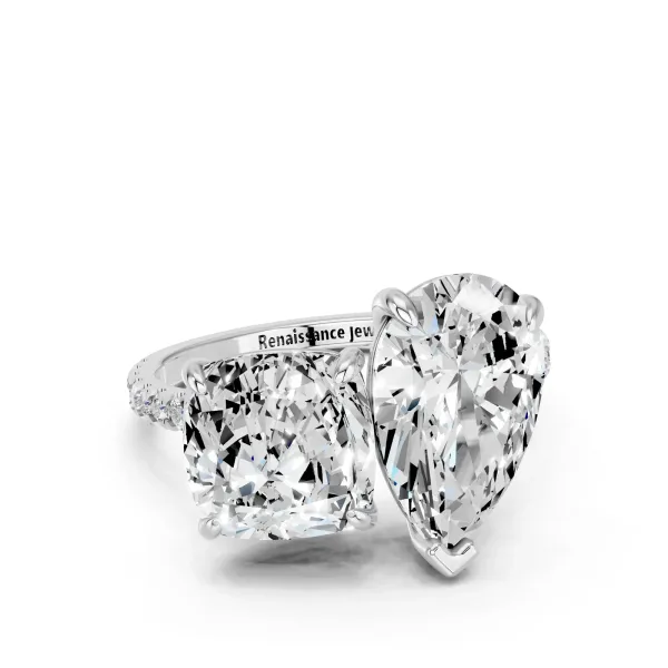 Pear and Cushion Toi Moi Ring with Prong Setting and Pave Band White gold
