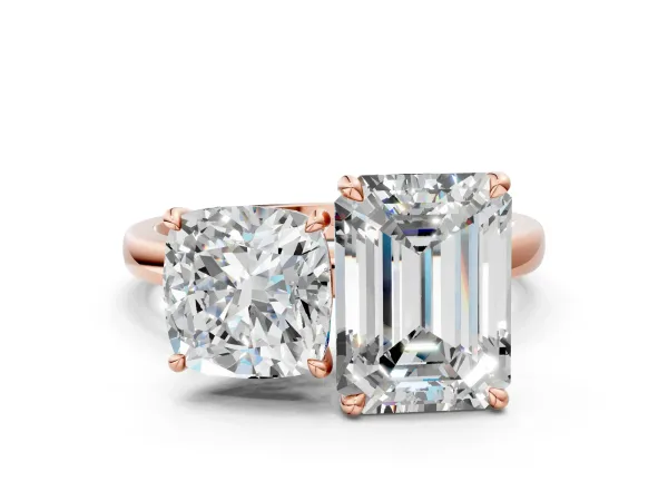 Cushion Cut and Emerald Cut Toi Moi Ring with Prong Setting Rose gold