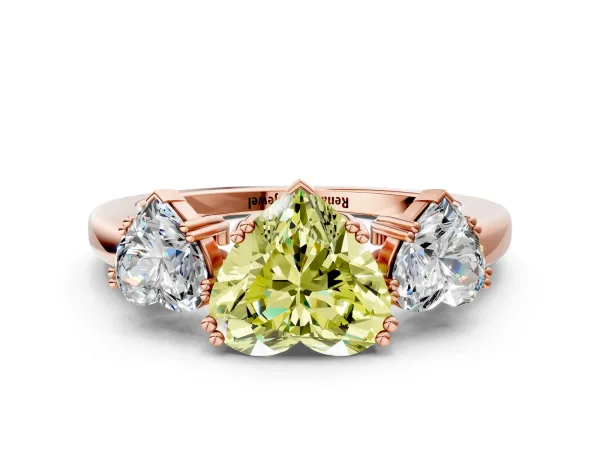 Fancy Yellow Three-Stone Heart Cut Cut Diamond Ring with Channel Set Band and Four-Prong Setting Rose gold