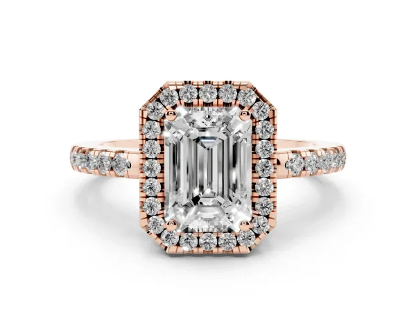 Emerald Cut Halo Diamond Engagement Ring with Pavé Band and Four-Prong Setting Rose gold