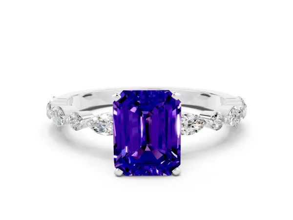 Emerald Cut Tanzanite Ring with Marquise and Round Side Stones and Four-Prong Setting White gold
