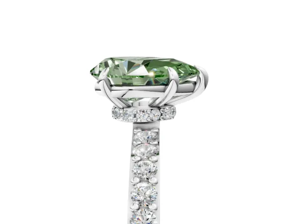 Fancy Green Pear Cut Diamond Solitaire Engagement Ring with Pavé Band and Four-Prong Setting Platinum