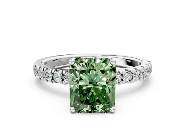 Fancy Green Radiant Cut Diamond Pave Band Solitaire Ring with Round and Prong Setting Platinum