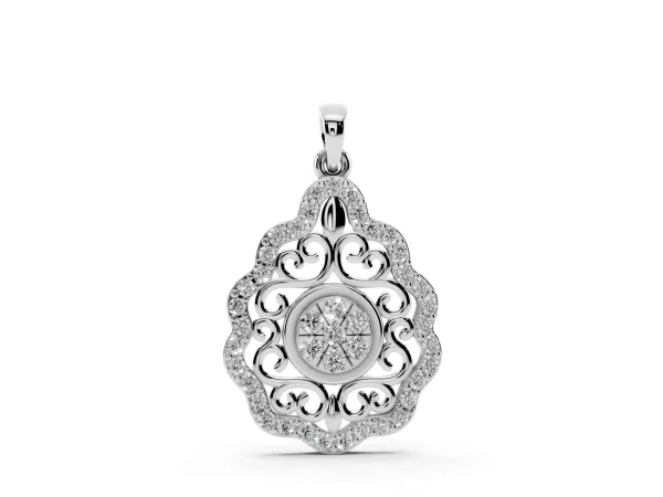 Round Diamond Halo Pendant with Filigree Design White gold